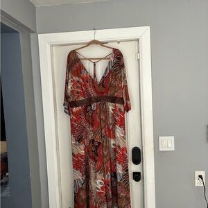 Bohemian Red V-Neck Maxi Dress with Feather Print